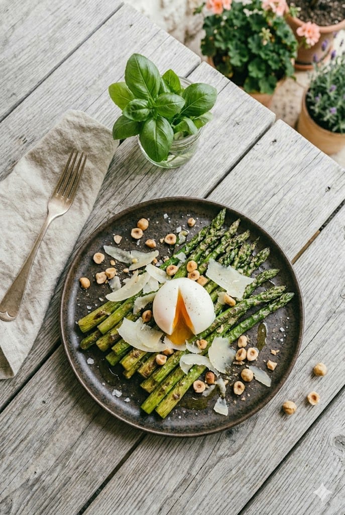 Asperges rôties & oeuf parfait