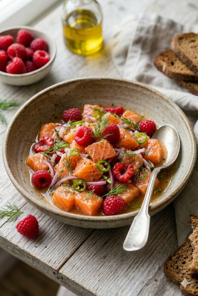 Ceviche de saumon aux framboises