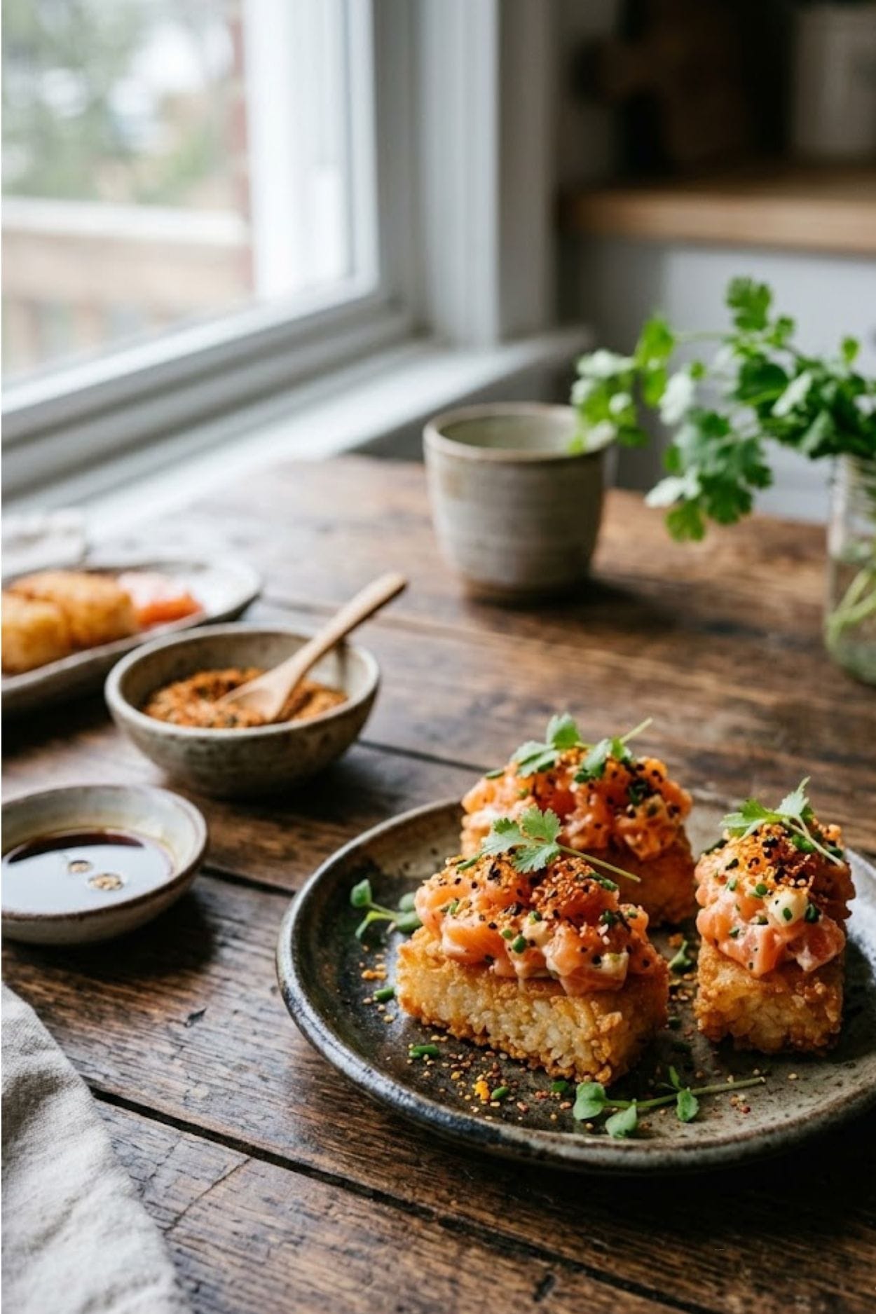 Crispy rice au saumon et shichimi togarashi