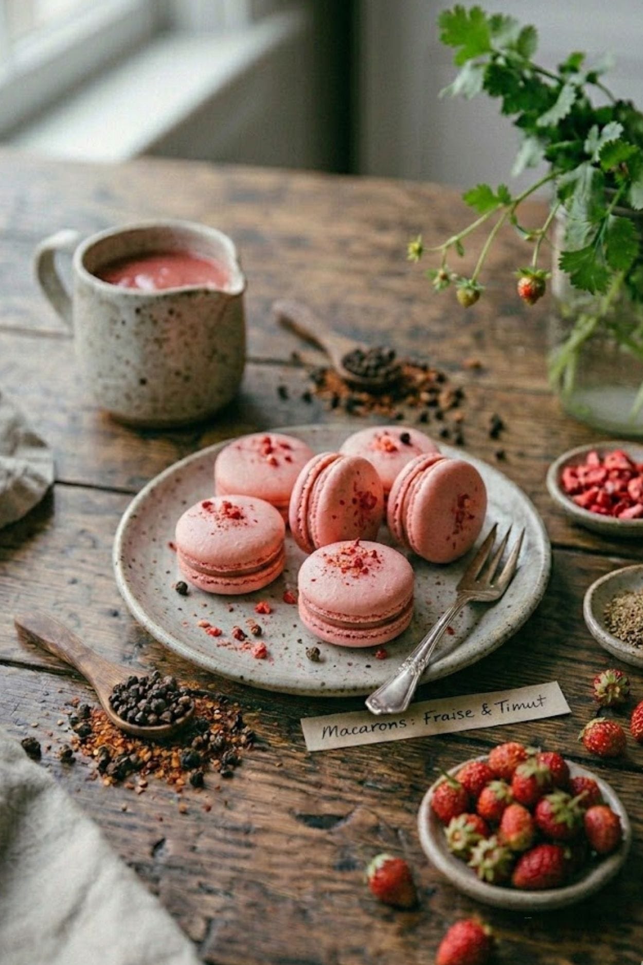 Macarons à la fraise et poivre timut