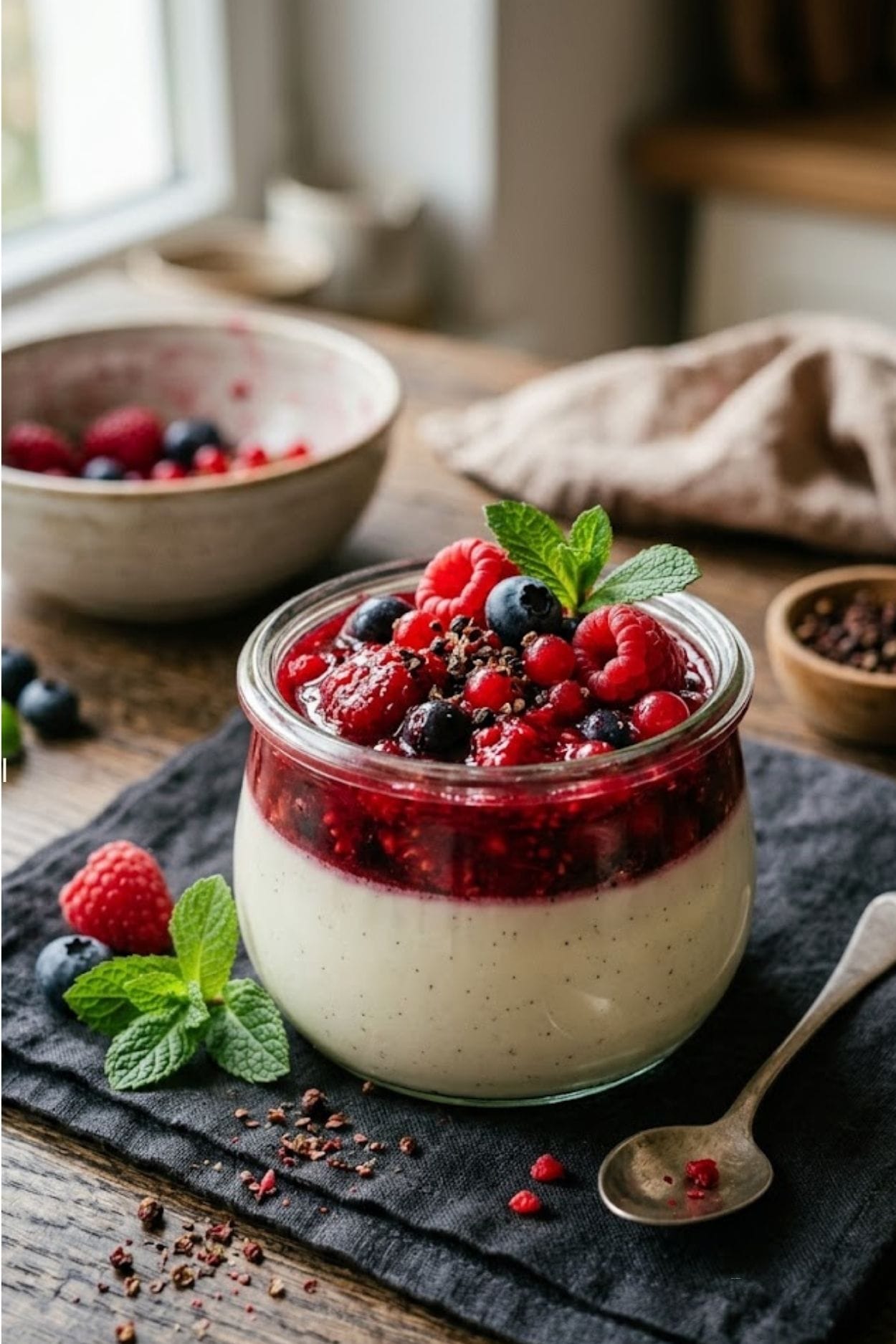 Panna cotta aux fruits rouges et timut