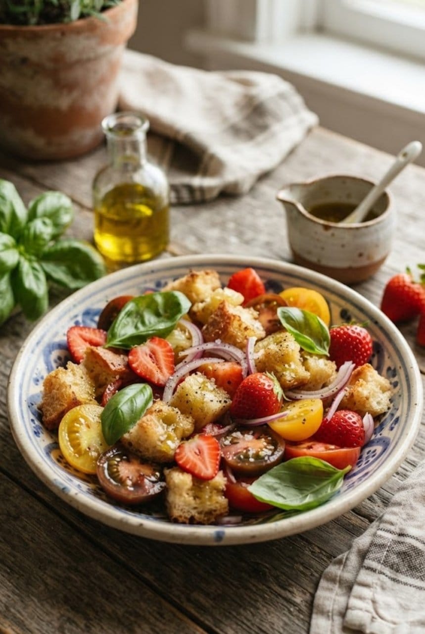 Salade panzanella aux fraises