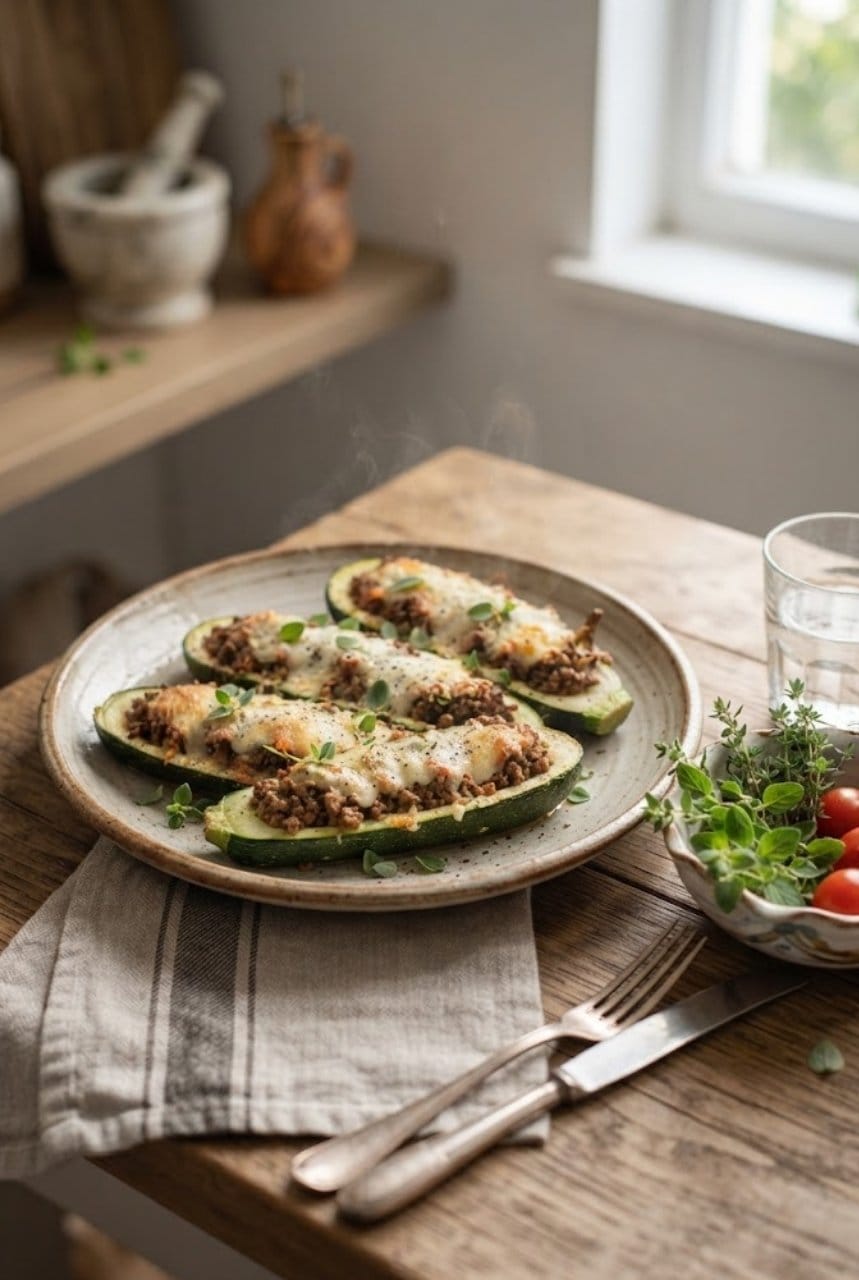 Courgettes farcies à la viande hachée et origan