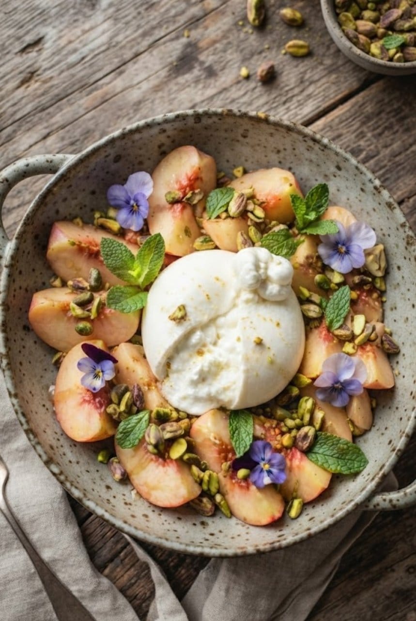 Salade de pêches blanches à la burrata et éclats de pistaches