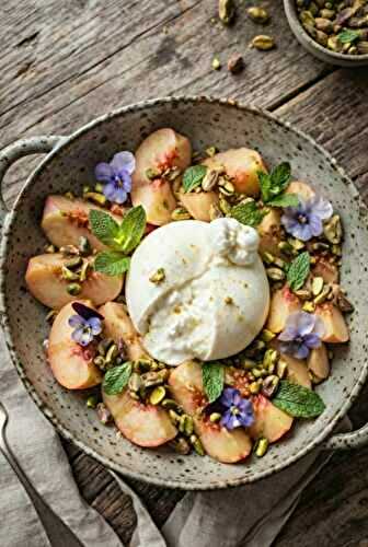 Salade de pêches blanches à la burrata et éclats de pistaches