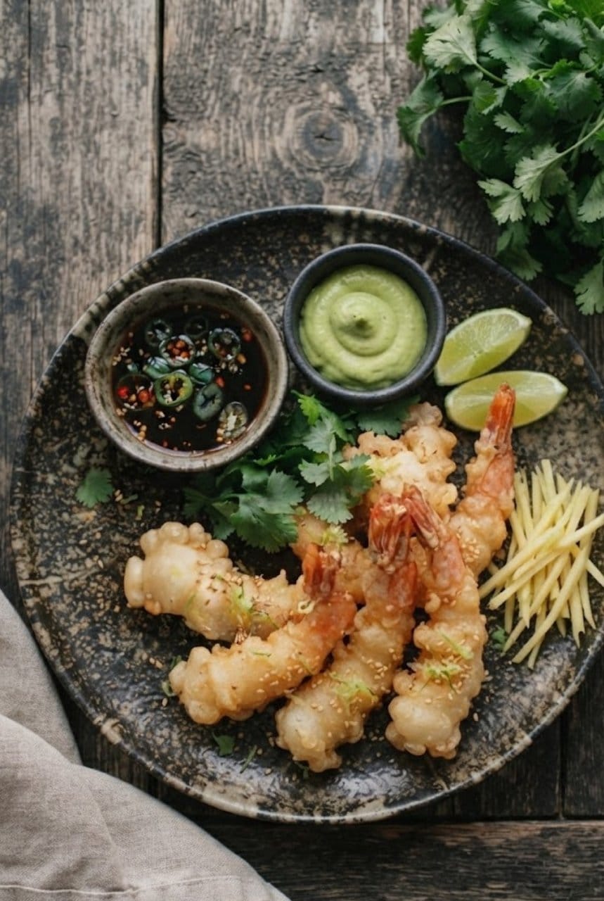 Tempuras de gambas au gingembre et citron vert