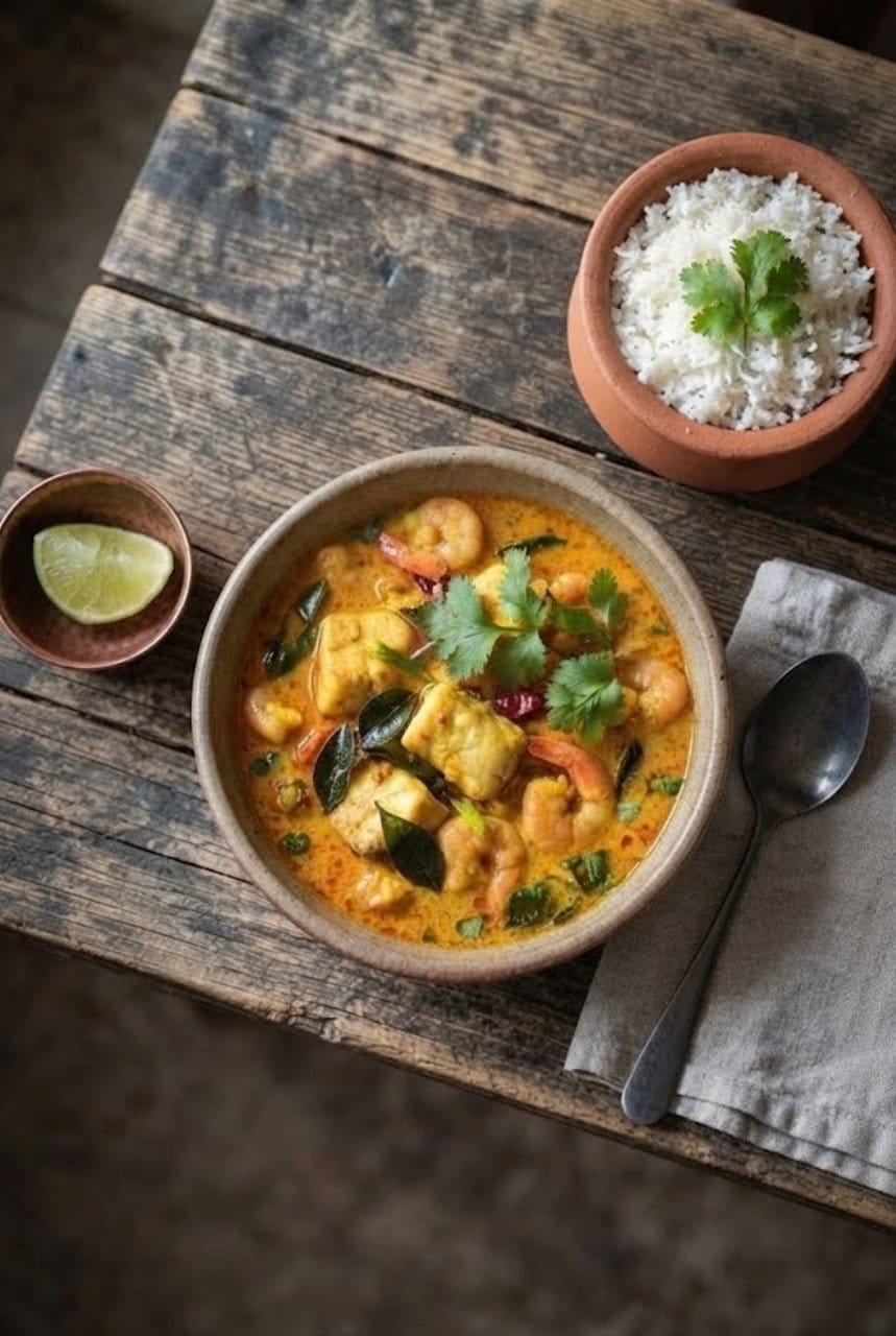 Curry de poisson et gambas à la coco