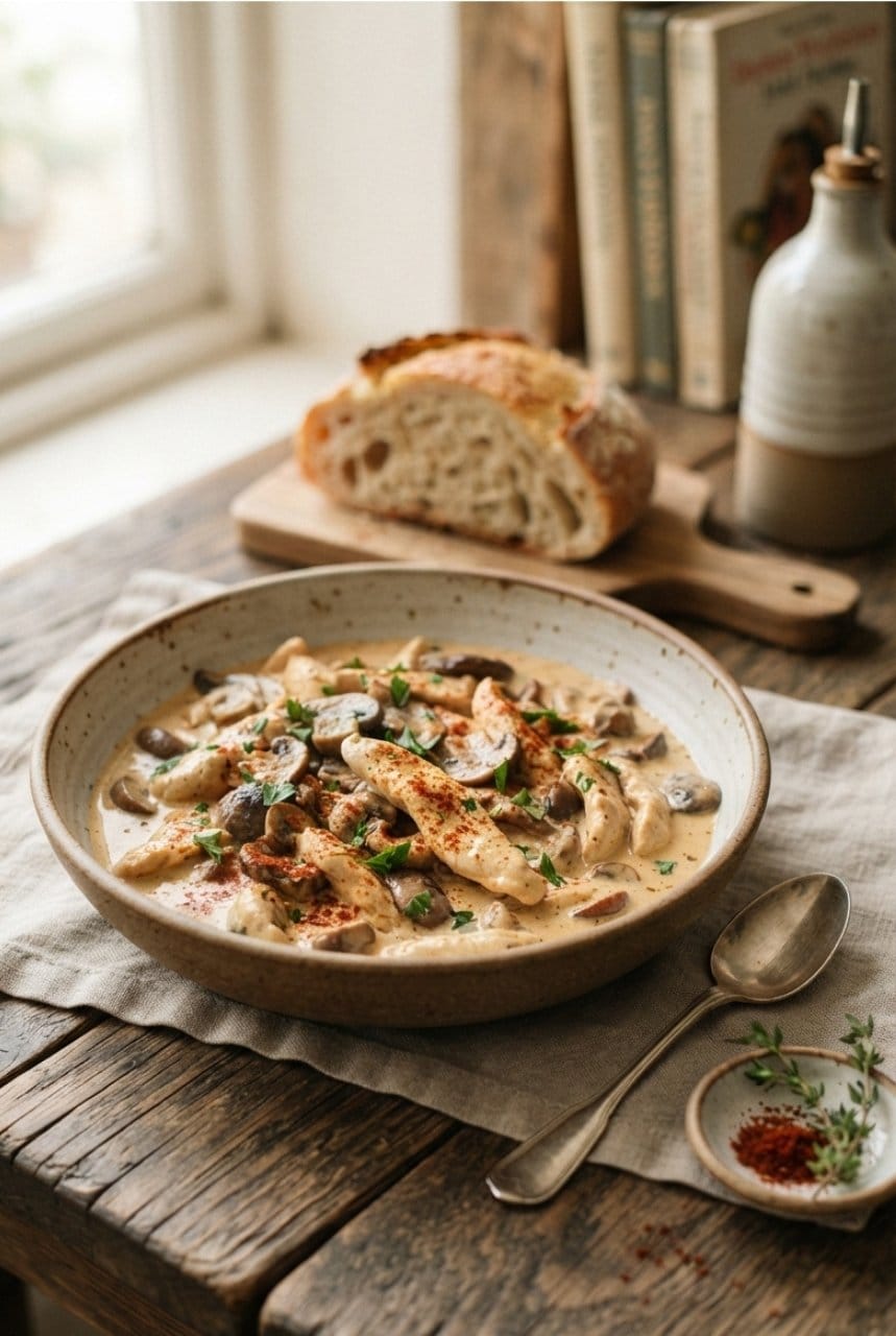 Émincé de volaille aux champignons et paprika doux
