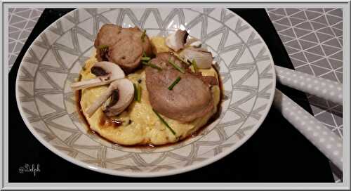 Filet mignon de porc laqué au miel et soja, polenta crémeuse aux champignons