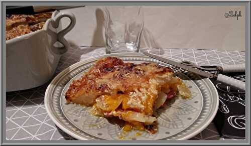 Gratin de potiron, pommes de terre, bacon et lardons