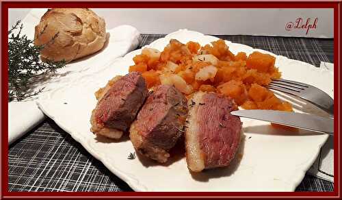 Magret de canard caramélisé aux navets et patate douce