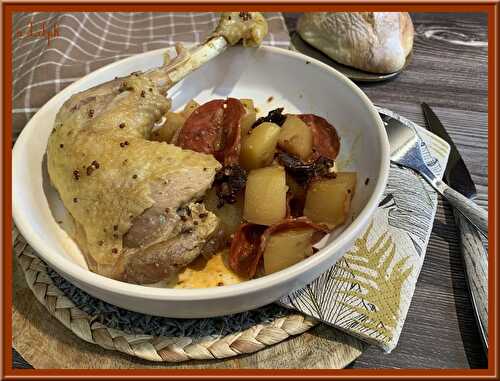 Cuisses de poulet au chorizo, pommes de terre et sauce moutarde