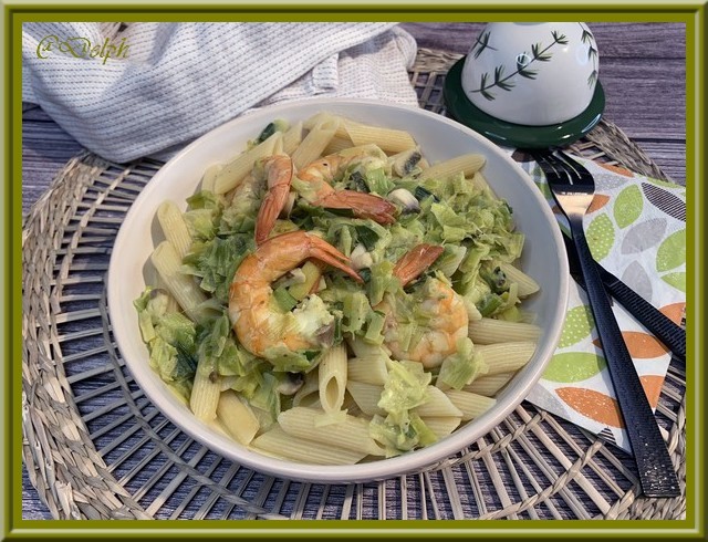 Pâtes aux poireaux et crevettes, sauce curry