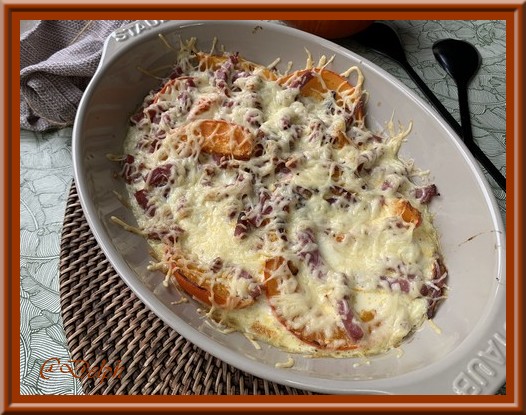 Gratin de potimarron à  la crème et lardons de volaille