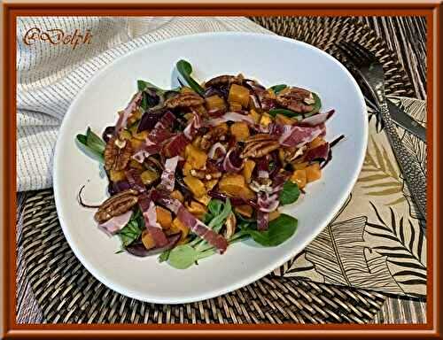Salade de mâche, patate douce, oignon rouge et coppa