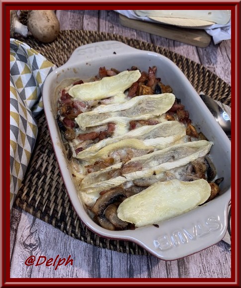 Gratin de patate douce, champignons, lardons au reblochon