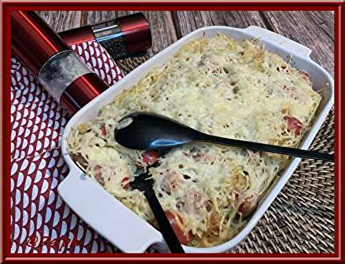 Gratin de coquillettes aux saucisses de Strasbourg