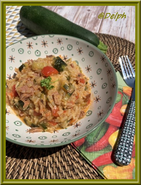 Riz aux courgettes, poivron et bacon