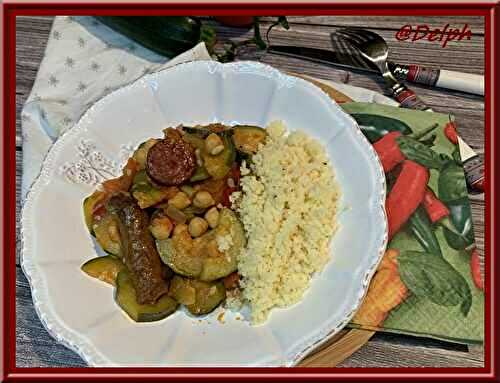Courgettes, tomates, pois chiches aux merguez et chorizo