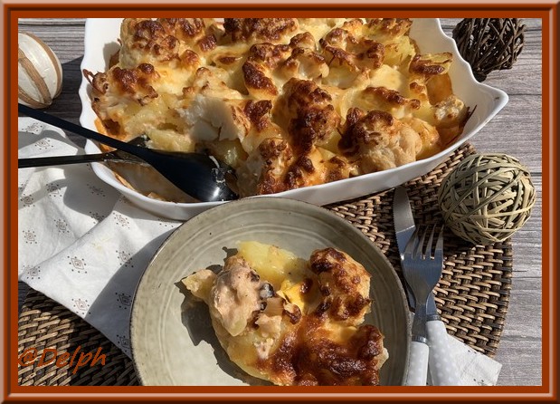 Gratin de pommes de terre, chou-fleur et œufs durs