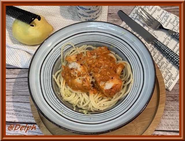 Spaghetti au cabillaud et pesto
