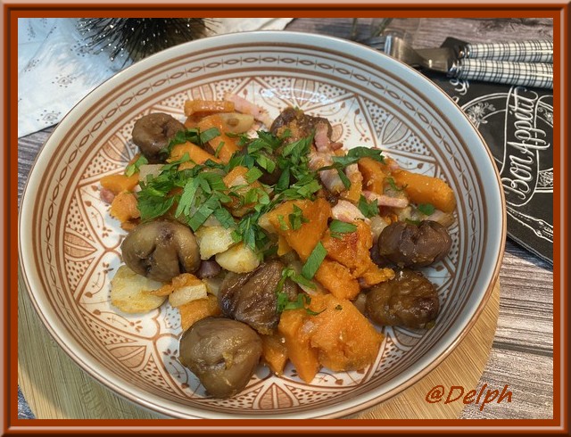 Poêlée de patate douce, châtaignes, topinambours et lardons fumés