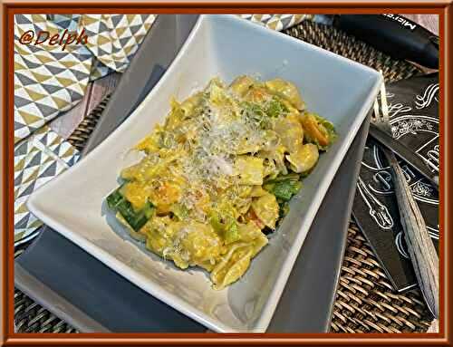 Conchiglioni aux poireaux à la sauce béchamel au potimarron.