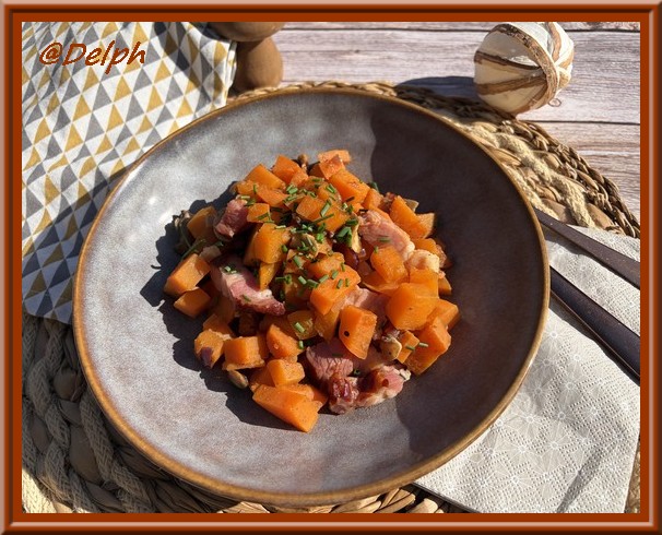 Poêlée de patates douces, champignons et poitrine fumée