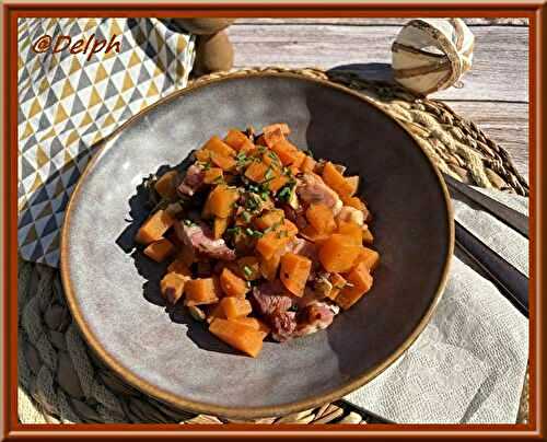 Poêlée de patates douces, champignons et poitrine fumée