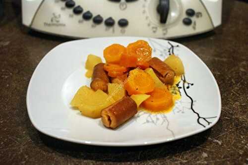 Saucisses, pommes de terre, carottes façon rougail au thermomix, préparés en 10 minutes.