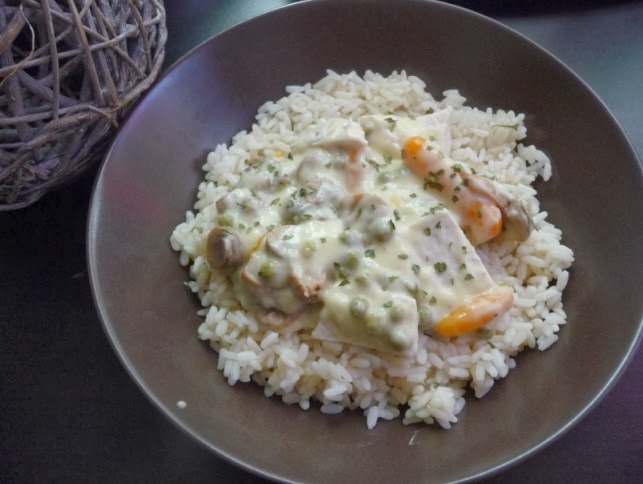 Fricassée de blancs de poulet, riz et légumes au thermomix