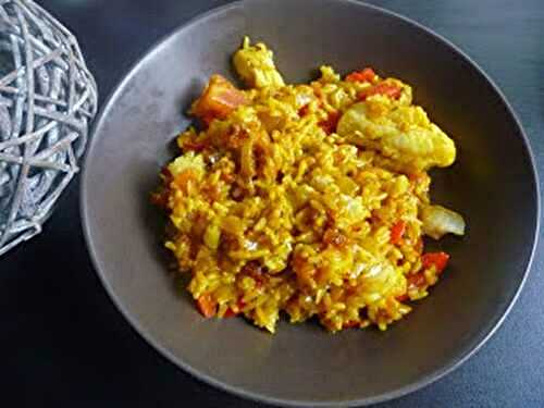 Poêlée de riz au cabillaud, tomates et poivrons