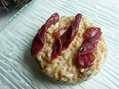 Risotto raisins, figues, noix et magret de canard fumé