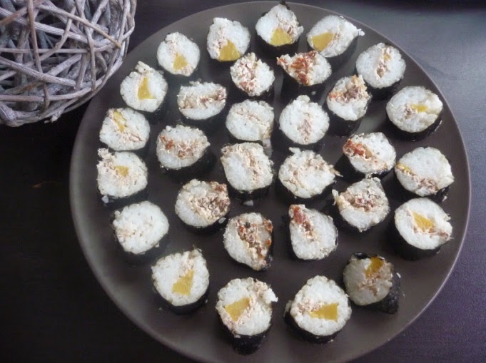 Riz à sushis/makis au thermomix : makis aux tomates séchées, makis pêche/thon, makis thon/fromage frais