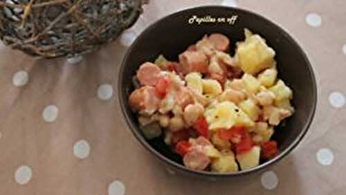 Salade de haricots blancs, pommes de terre, saucisses et tomates