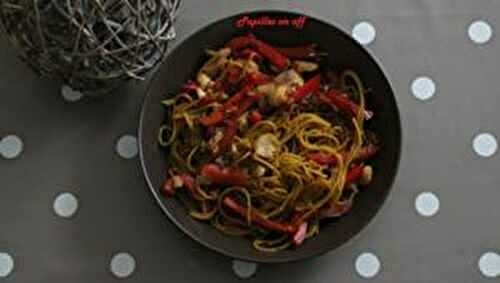 Spaghettis au cabillaud et poivrons