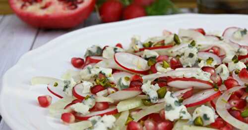 Salade de Fenouil, Radis et Roquefort, Huile de Pistache et Grenade 