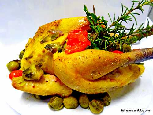 Pintade de ferme au foie gras de canard et choux de Bruxelles