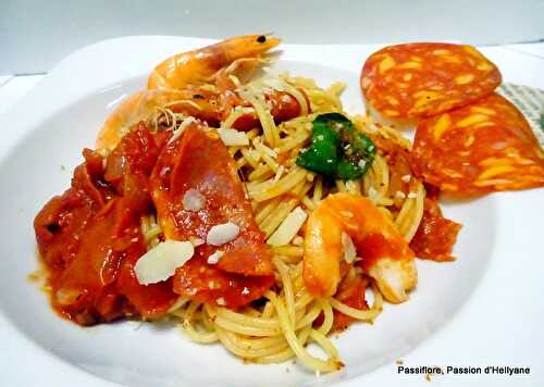 Spaghetti au chorizo et crevettes