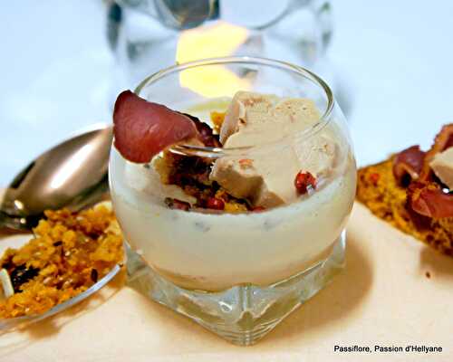 Verrine panna cotta au foie gras, pain d'épices et magret de canard