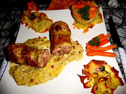 Andouillettes à la sauce reblochon- champagne, accompagnées d'un écrasé de pommes de terre et de carottes caramélisées