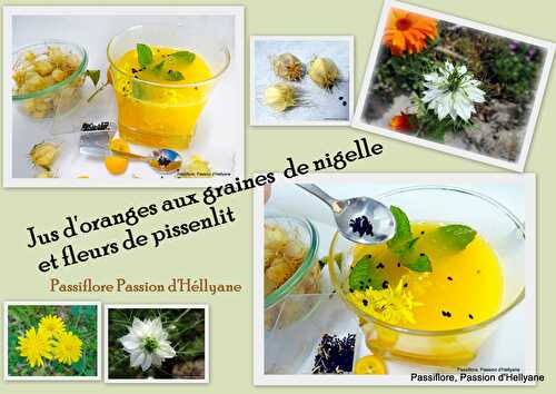 Bienfait des graines de nigelle dans un jus d'agrumes avec des fleurs de pissenlits