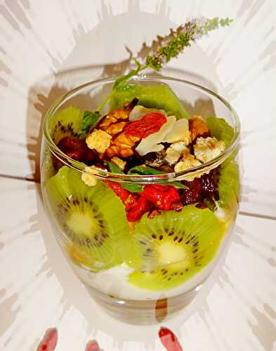Bol gourmand "yaourt + kiwi - baies de goji, cranberry, raisin secs - fruits secs à la confiture et sirop de gingembre
