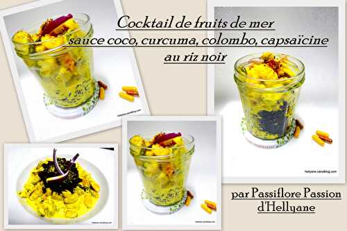 Cocktail de fruits de mer en sauce coco curcuma, colombo, capsaïcine et riz noir