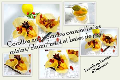 Corolles aux pommes caramélisées avec des raisins secs/rhum et des baies de goji