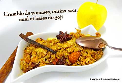 Crumble de pommes, raisons secs/rhum, baies de goji