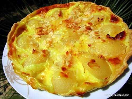 FLAN PÂTISSIER AUX POIRES/AMANDES ET AU SIROP DE GINGEMBRE