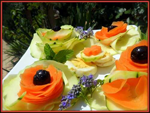 Fleurs de légumes courgettes, carottes à l'huile de noisette