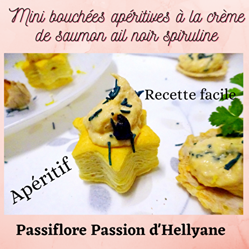 Mini Etoiles feuilletées et mini galettes riz/ avoine garnies de crème saumon avec de l'ail noir et de la spiruline