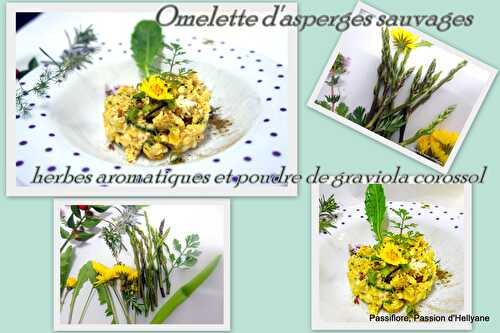 Omelette d'asperges sauvages avec des herbes aromatiques et de la poudre de graviola corossol